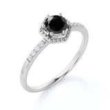 Elegant Hexagon Style 1.25 Carat Round Brilliant Lab Black Diamond and Vintage Engagement Ring in White Gold