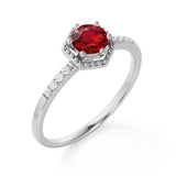 Elegant Hexagon Style 1.75 Carat Round Lab Ruby and Diamond Engagement Ring in White Gold