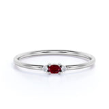 Vintage Oval Cut Lab Ruby and 3 Stone Diamond Dainty Women's Engagement Ring in White Gold