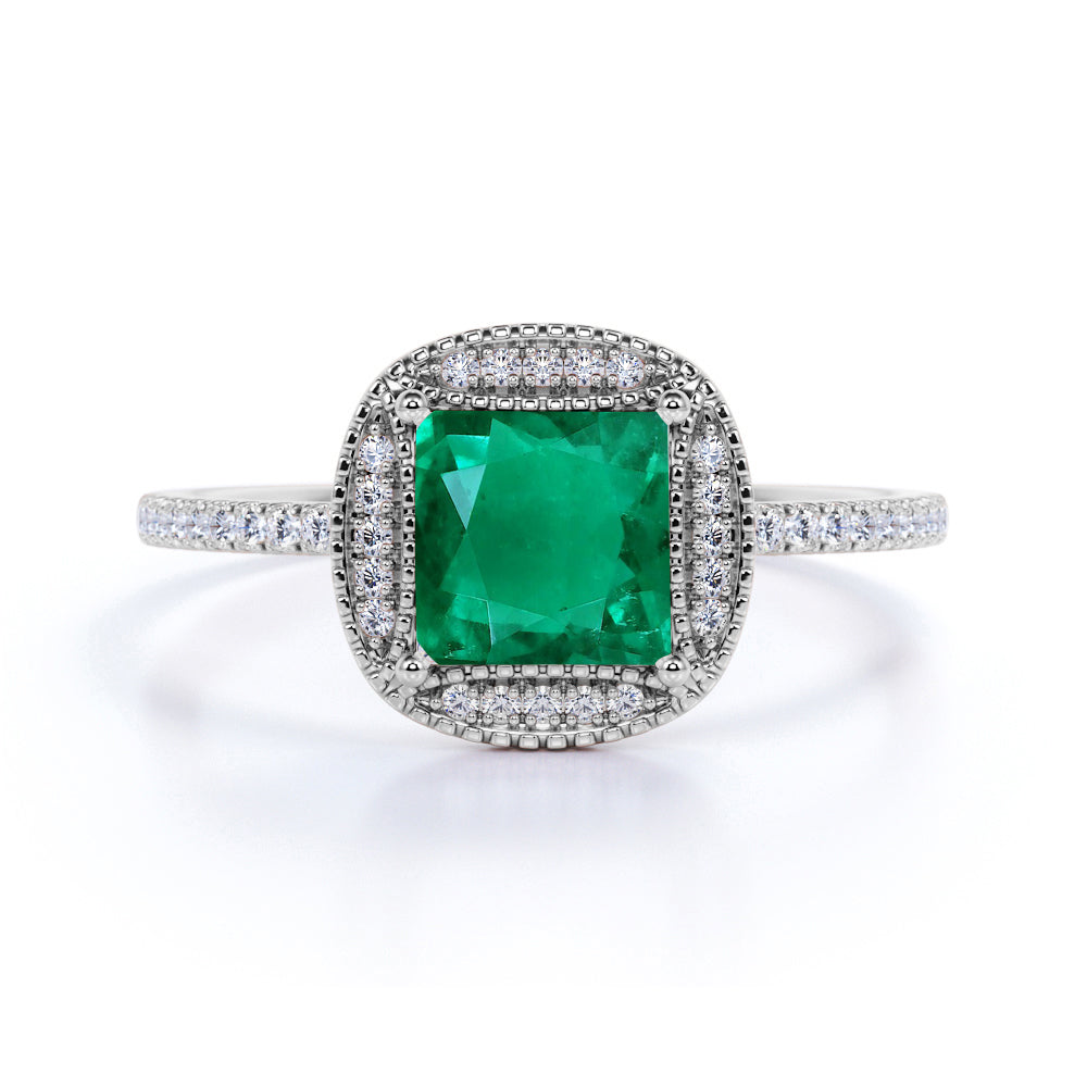 Large 2 Carat Princess Cut Sakota Emerald and Diamond Halo Unique Engagement Ring in White Gold