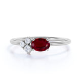 Tiny Asymmetric Oval Ruby and 4 Stone Diamond Vintage Engagement Ring in White Gold