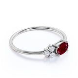 Tiny Asymmetric Oval Ruby and 4 Stone Diamond Vintage Engagement Ring in White Gold