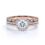 Pave 2 Carat Round Cut Moissanite Halo Trio Set