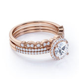 Pave 2 Carat Round Cut Moissanite Halo Trio Set