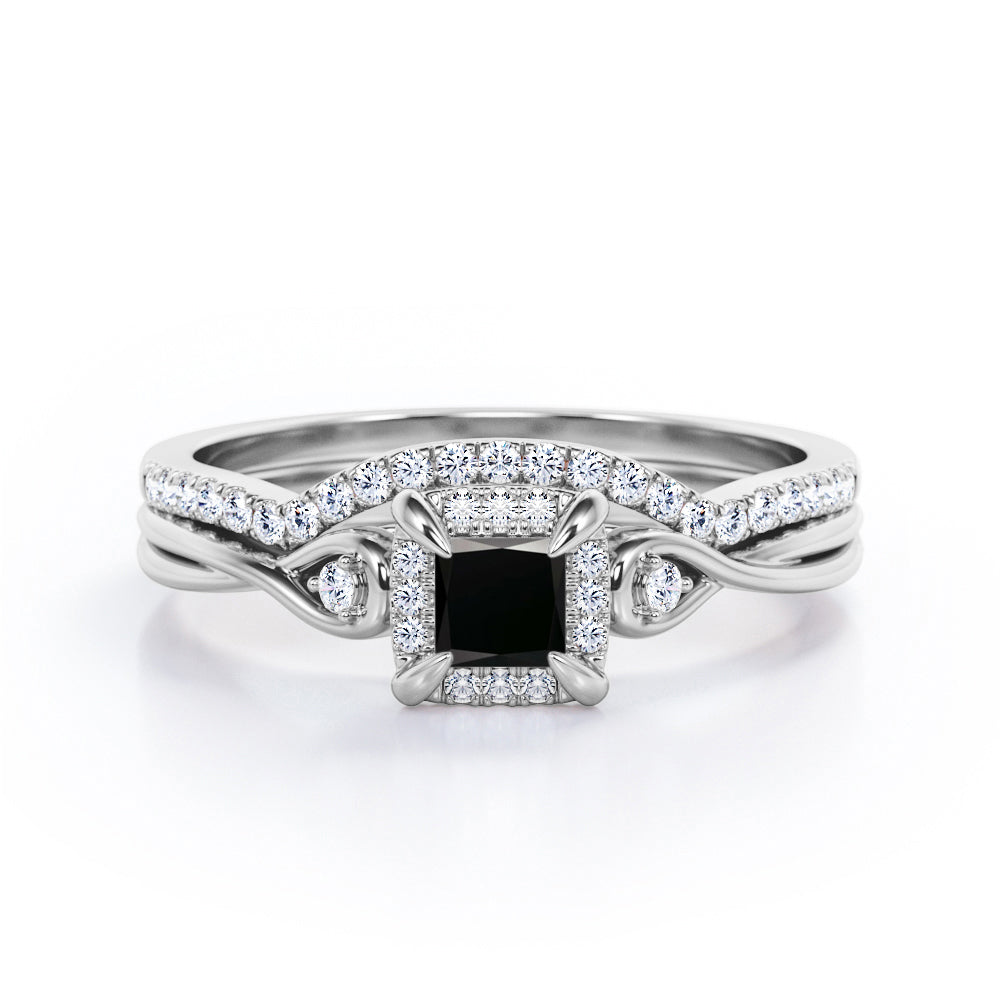 0.69 ct Princess Lab Black Diamond Cushion Halo Bridal Set