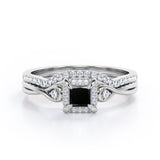 0.69 ct Princess Lab Black Diamond Cushion Halo Bridal Set