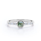 Elegant 7 Stone Ring 0.6 carat Round Moss Agate and Moissanite Bezel Engagement Ring in White Gold