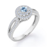Double Halo Cluster 1.8 Carat Round-Shaped Aquamarine Split-Shaked Milgrain Pave Engagement Ring in White Gold