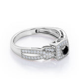 Extravaganza Milgrain Bordered - 1.45 Carat Round Brilliant Cut Black Diamond - Halo Pave Channel Engagement Ring in White Gold