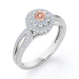 Double Halo Cluster 1.8 Carat Round-Shaped Morganite and diamond Split-Shaked Milgrain Pave Engagement Ring in Rose Gold