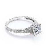 Stylish Engraved Dainty Flowers 1 carat Round Moissanite Engagement Ring in White Gold