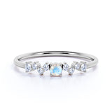 Minimalist 0.35 Carat Round Shaped Blue Moonstone and Antique Diamond Engagement Ring in White Gold