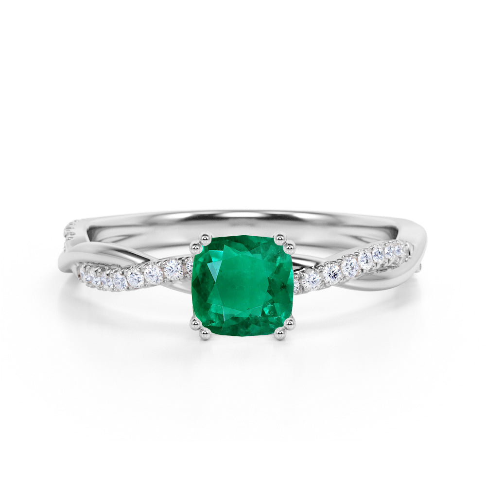 Infinity 1.25 Carat Cushion Emerald and Diamond Twisted Engagement Ring in White Gold