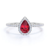 Pave 1.75 Carat Pear Cut Lab Ruby and Diamond Vintage Engagement Ring in White Gold