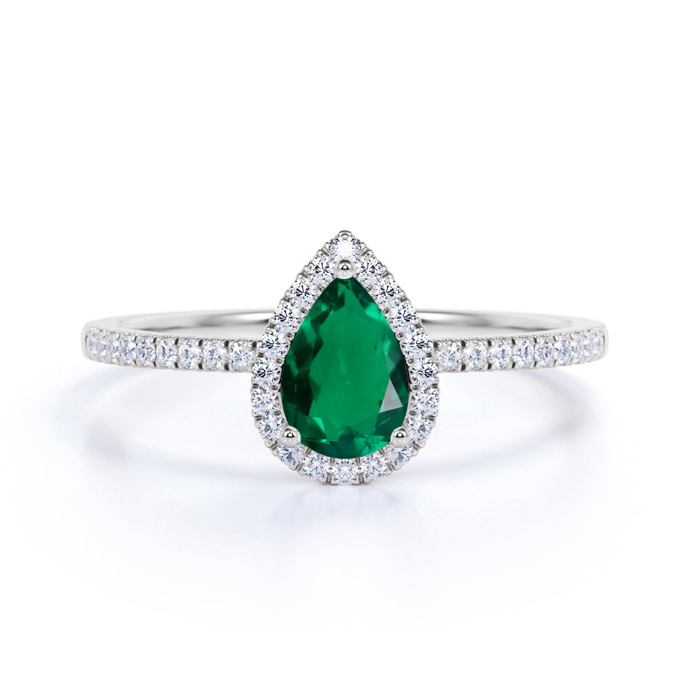 Pave 1.75 Carat Pear Cut Yellow Green Emerald and Diamond Vintage Engagement Ring in White Gold