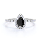 Pave 1.75 Carat Pear Cut Lab Black Diamond and Vintage Engagement Ring in White Gold