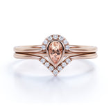 Bezel Set 1.75 Carat Almond Shape Morganite and Diamond Contour Wedding Set in Rose Gold