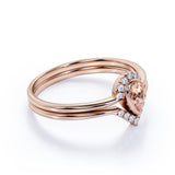 Bezel Set 1.75 Carat Almond Shape Morganite and Diamond Contour Wedding Set in Rose Gold