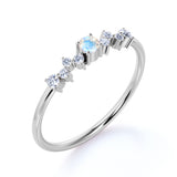 Minimalist 0.35 Carat Round Shaped Blue Moonstone and Antique Diamond Engagement Ring in White Gold