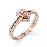 Bezel Set 1.75 Carat Almond Shape Morganite and Diamond Contour Wedding Set in Rose Gold