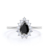 Snowflake Style 1.50 Carat Teardrop Shape Lab Black Diamond and Vintage Cluster Engagement Ring in White Gold