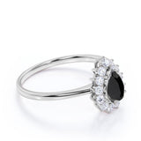 Snowflake Style 1.50 Carat Teardrop Shape Lab Black Diamond and Vintage Cluster Engagement Ring in White Gold