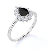 Snowflake Style 1.50 Carat Teardrop Shape Lab Black Diamond and Vintage Cluster Engagement Ring in White Gold