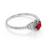 Exquisite 1.50 Carat Round Brilliant Cut Lab Ruby and Diamond Modern Art Deco Engagement Ring in White Gold