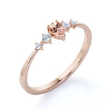 Petite 0.49 Carat Pear Salmon Morganite and 5 Stone Diamond Tapered Shank Engagement Ring in Rose Gold