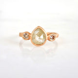 Trilogy 2.10 Carat Pear Shape Light Green and Champagne Diamond Bezel Engagement Ring in Rose Gold