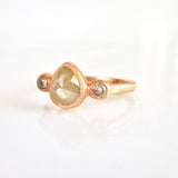 Trilogy 2.10 Carat Pear Shape Light Green and Champagne Diamond Bezel Engagement Ring in Rose Gold