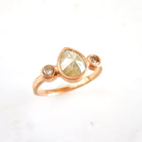 Trilogy 2.10 Carat Pear Shape Light Green and Champagne Diamond Bezel Engagement Ring in Rose Gold