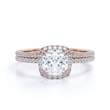 1.5 Carat Cushion Cut Moissanite Bridal Set in 18k Rose Gold Over Silver Art Deco Ring