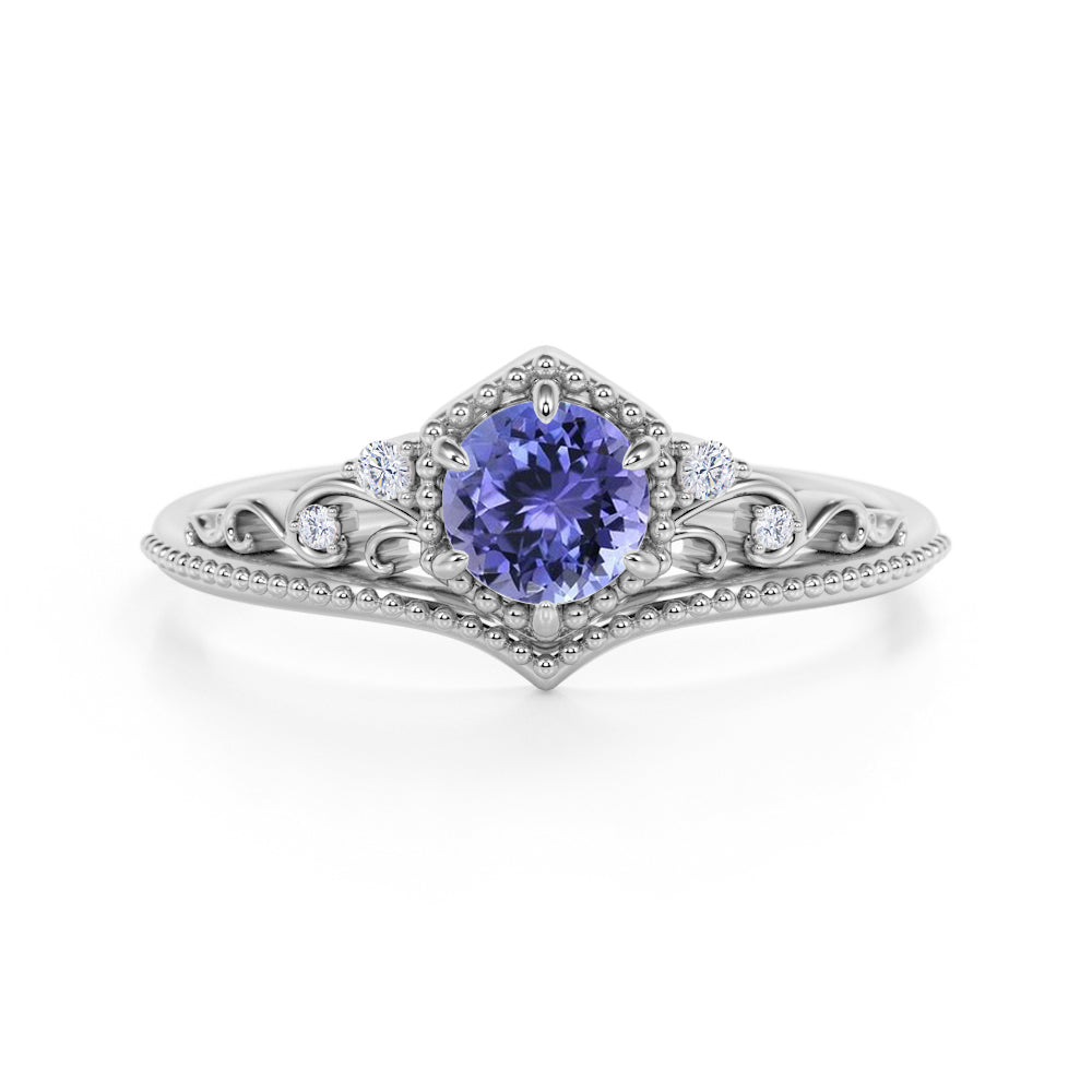 Artisan 1 Carat Brilliant Round Violet Tanzanite and Diamond Classic Art Deco Engagement Ring in White Gold