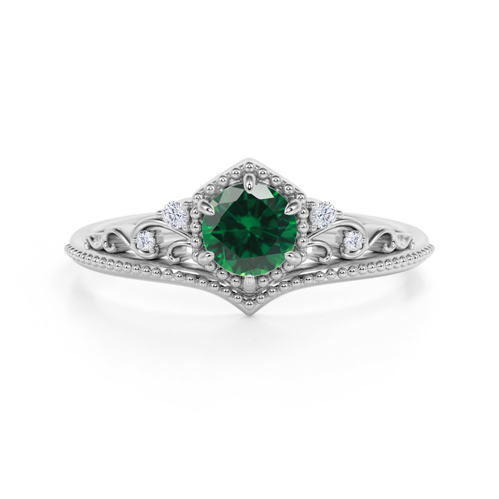 Artisan 1 Carat Brilliant Round Emerald and Diamond Classic Art Deco Engagement Ring in White Gold