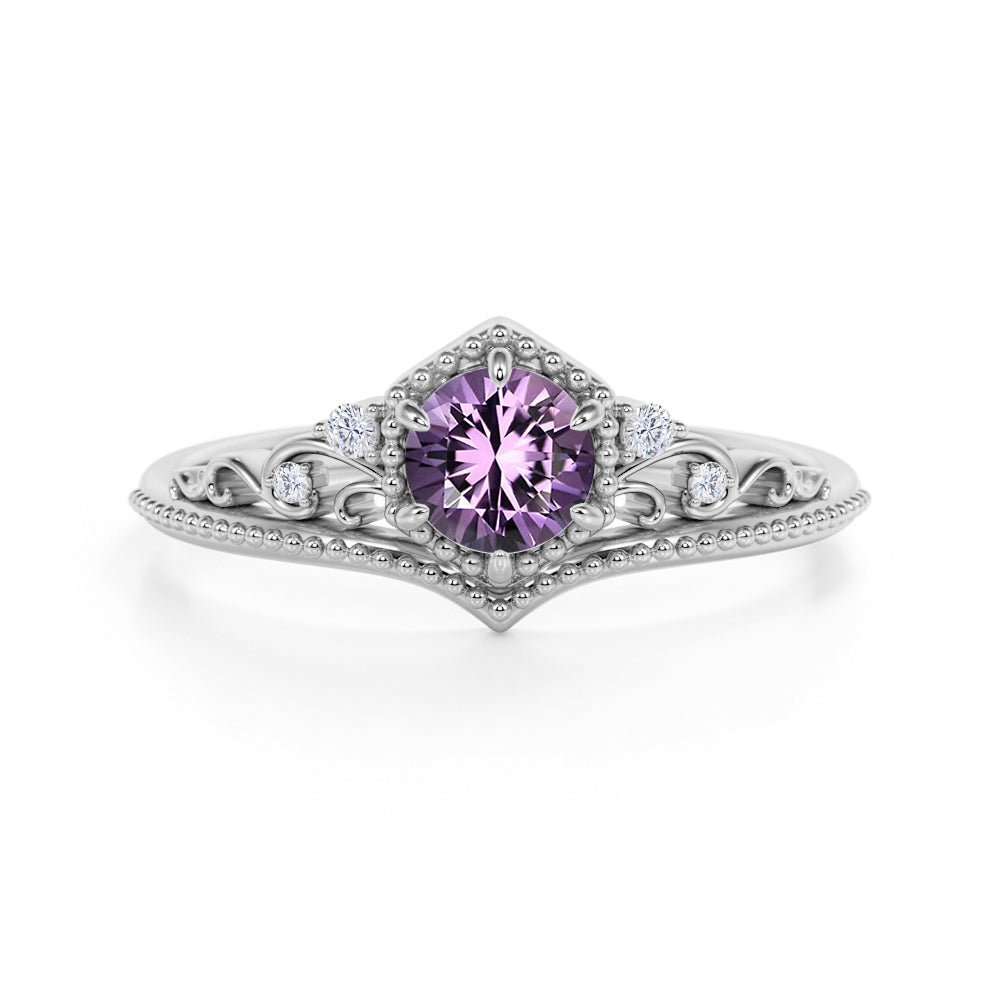 Artisan 1.75 Carat Brilliant Round Amethyst and Diamond Classic Art Deco Engagement Ring in White Gold