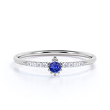 Dainty Round Cut Purplish Blue Sapphire and Diamond Beaded Engagement Ring in White Gold