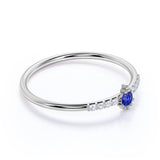 Dainty Round Cut Purplish Blue Sapphire and Diamond Beaded Engagement Ring in White Gold