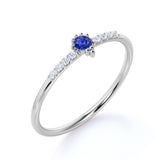 Dainty Round Cut Purplish Blue Sapphire and Diamond Beaded Engagement Ring in White Gold