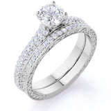 1.50 Carat Round Cut Moissanite Wedding Set - Bridal Set - Filigree Ring - Cluster Ring - 18k White Gold Over Silver