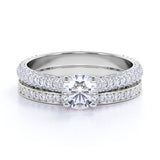 1.50 Carat Round Cut Moissanite Wedding Set - Bridal Set - Filigree Ring - Cluster Ring - 18k White Gold Over Silver