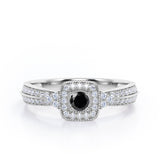 Double Pave Channel 1.5 Carat Round-Shaped Black Diamond Halo Cluster Engagement Ring in  White Gold