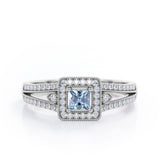 Split-Shanked Pave 1.55 Carat Princess Cut Aquamarine Milgrain-Bordered Halo Engagement Ring in White Gold