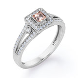 Split-Shanked Pave 1.55 Carat Princess Cut Morganite and diamond Milgrain-Bordered Halo Engagement Ring in White Gold