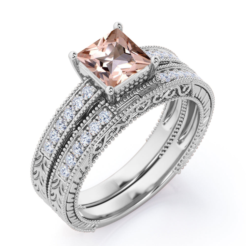 Antique Delicate Design 0.7 carat Princess Morganite and Moissanite Wedding Ring Set in Rose Gold