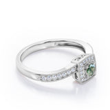 Flush-Prong Halo 1.25 Carat Round Cut Green Moss Agate and diamond Milgrain-Edged Pave Channel Engagement Ring in White Gold