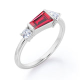Lovely House Three Stone 1 carat Baguette Lab Ruby and moissanite Engagement Ring in Rose Gold