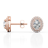 Art Deco Basket Set 2.20 Carat Oval Cut Certified Moissanite and Diamond Double Halo Stud Earrings in Rose Gold