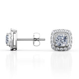 Four Prong 1.10 Carat Cushion Cut Certified Moissanite and Diamond French Pave Under Halo Ear Studs in White Gold