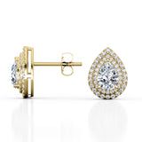 Art Deco 0.95 CT TDW Pear Shape Diamond Double Halo Micro Pave Ear Studs in Yellow Gold